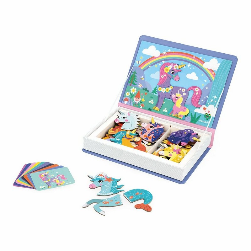 Libro magnetico per bambini a tema unicorni con 44 calamite e 10 modelli da seguire
